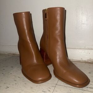 Women's Brown Leather Mid-Calf Heeled Boots with Side Zip